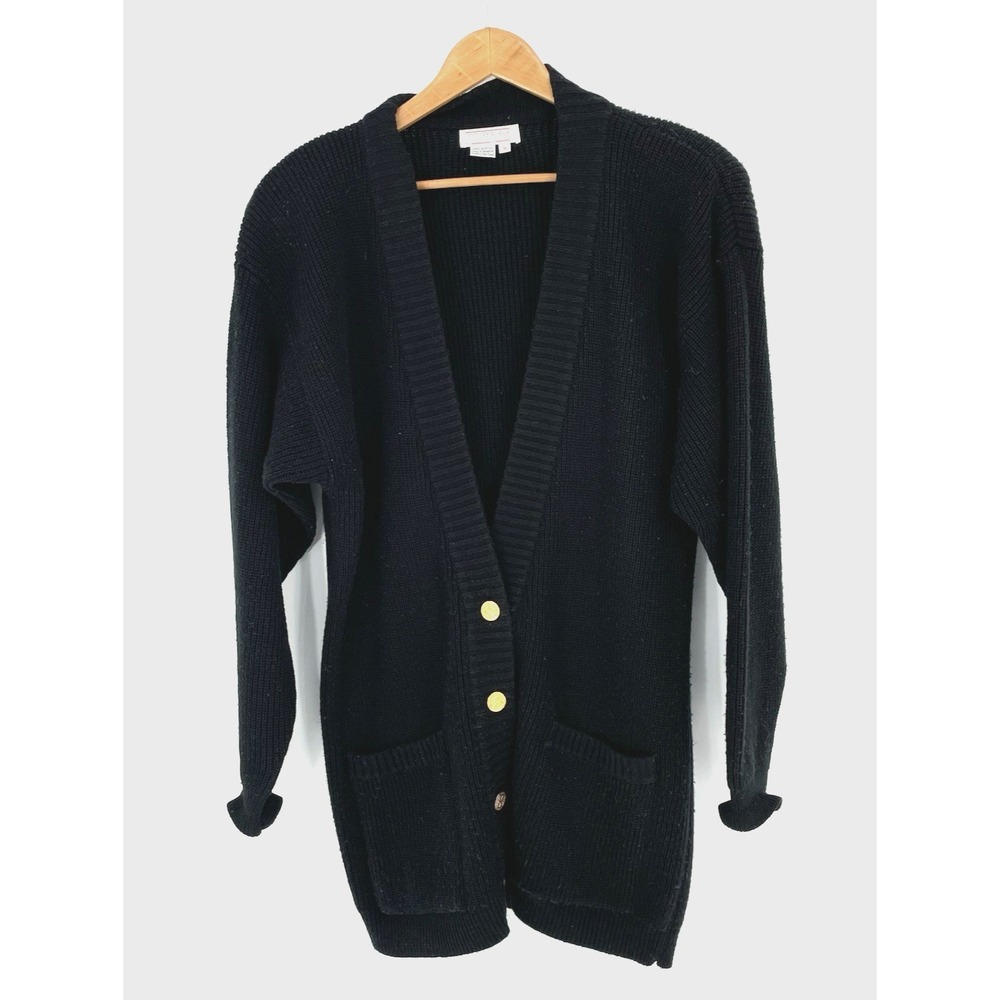 Lindsey Blake Womens M Black Cotton Knit Brass Button‎ Front Cardigan Sweater
